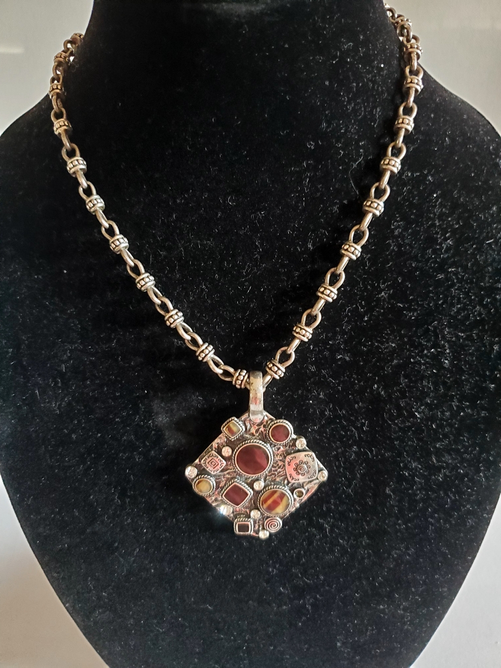 Pacific Design Ornate Artisan Silver Pendant Necklace 18"+  Antiqued Retro Amber